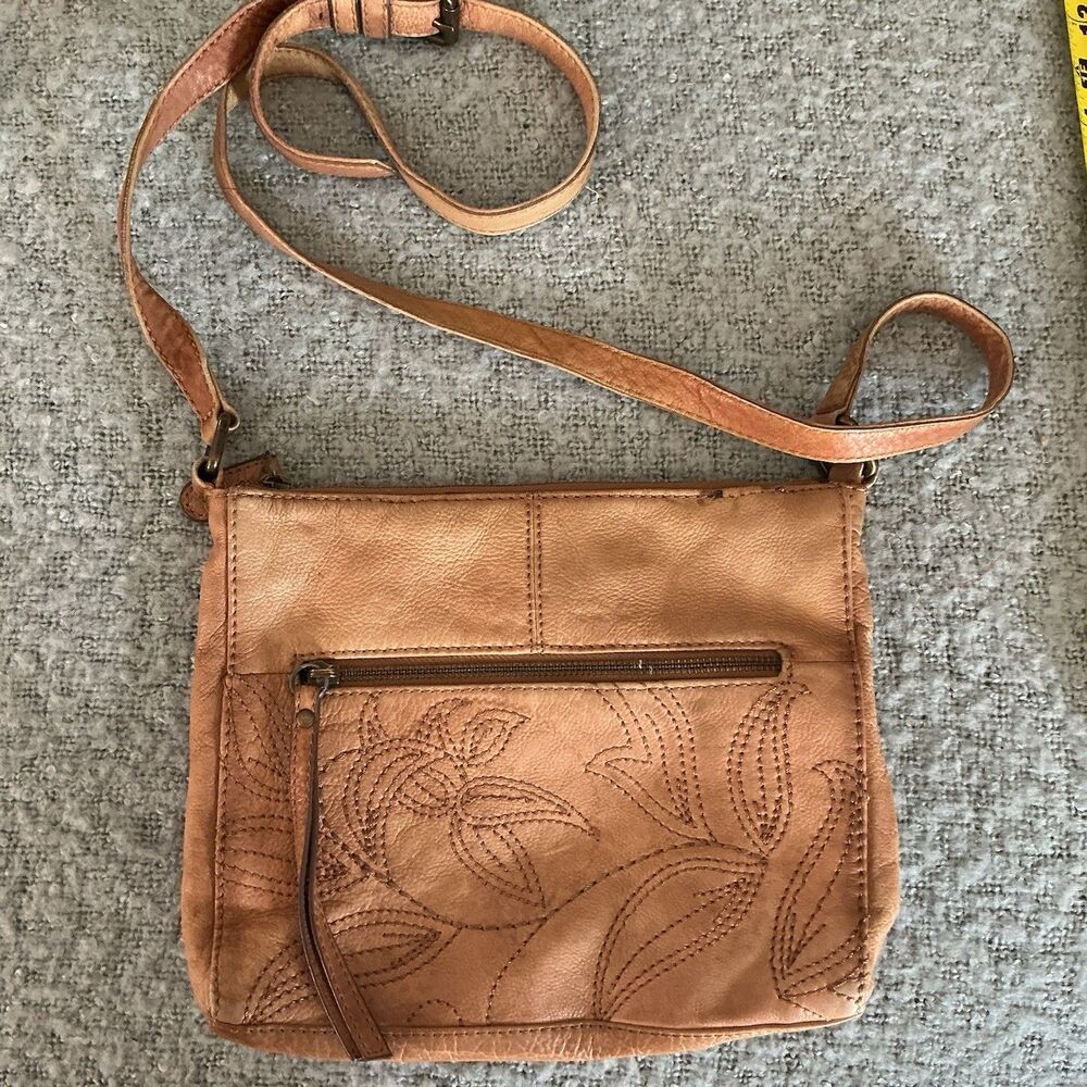 Frye Genuine Leather Crossbody Bag Tan Brown Floral Stitch Shoulder Purse